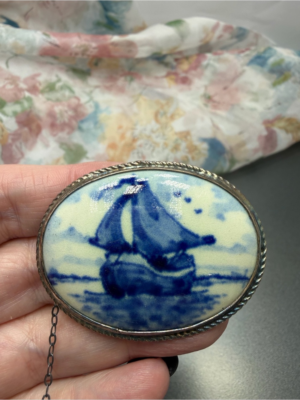 Vintage Delft Blue Sailboat Brooch #254UB